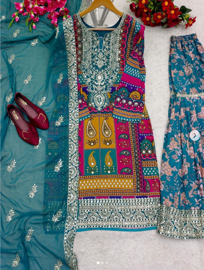 Designer Multicolor Partywear Sharara Suit 