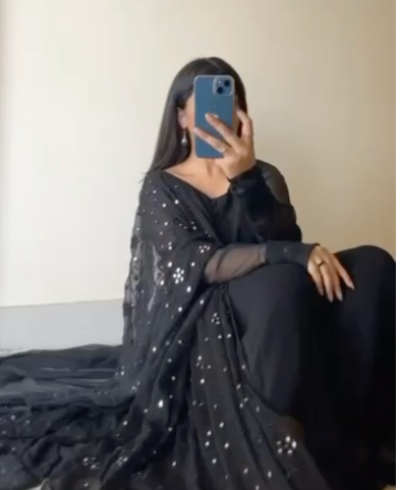 Black Georgette Anarkali Gown Dupatta Set Of 2