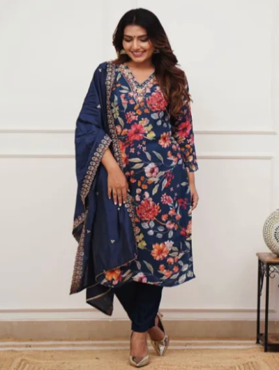 Navy Blue Pure Maslin Kurti Pent and Dupatta Set With Embroidery and Print