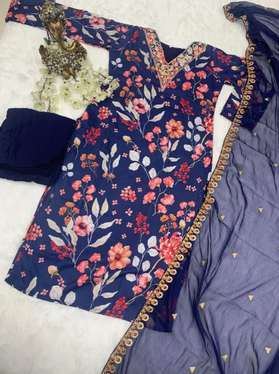 Navy Blue Pure Maslin Kurti Pent and Dupatta Set With Embroidery and Print