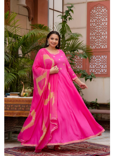 Pink Anarkali Plus Size Kurti Dupatta Set of 2