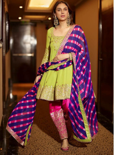 Green Pink Georgette Embroidery Salwar Suit Set