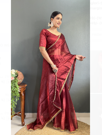 1 Min Red Georgette Dual Sequence Stitched Readymade Sari