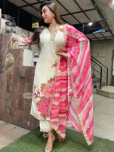 Cream Pink Muslin Women Salwar Suit