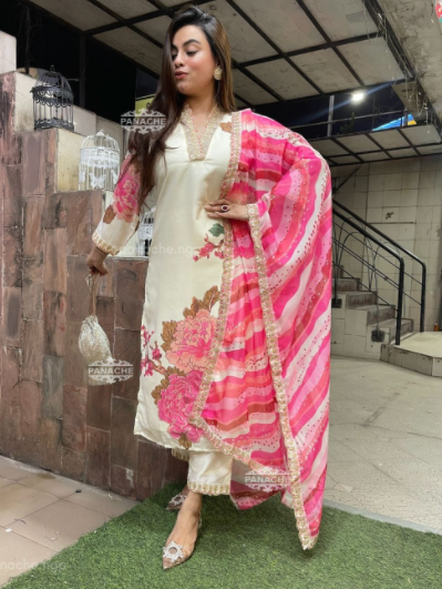 Cream Pink Muslin Women Salwar Suit