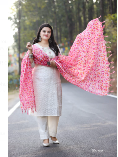 Cream Pink Cotton Salwar Suit Organza Dupatta