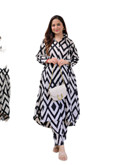 Black White Printed Cotton A-Line Kurta Pant Set