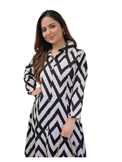 Black White Printed Cotton A-Line Kurta Pant Set