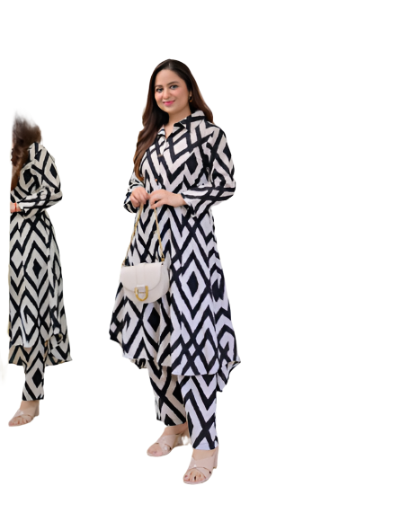 Black White Printed Cotton A-Line Kurta Pant Set