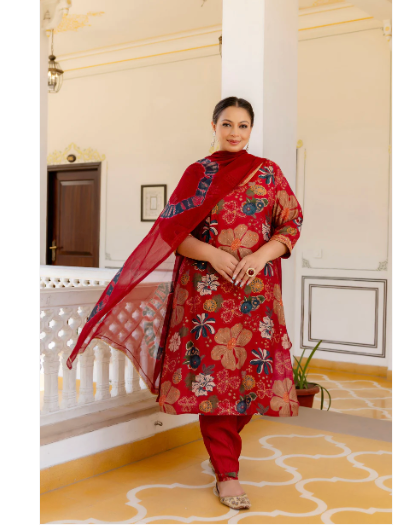 Plus Size Maroon Embroidered Kurta Pant & Dupatta Set