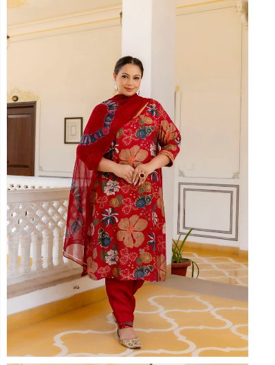 Plus Size Maroon Embroidered Kurta Pant & Dupatta Set