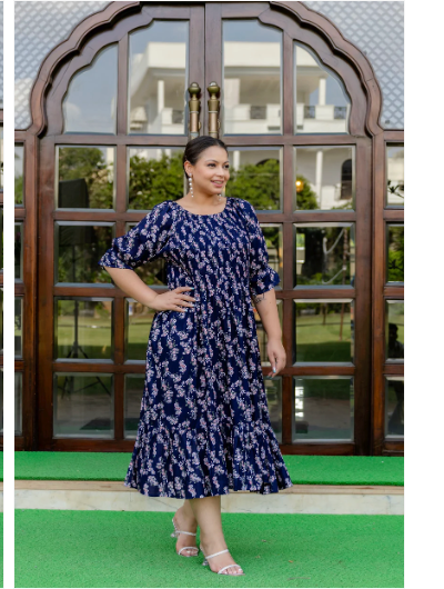 Plus size Navy Blue Cotton Printed Kurti Gown