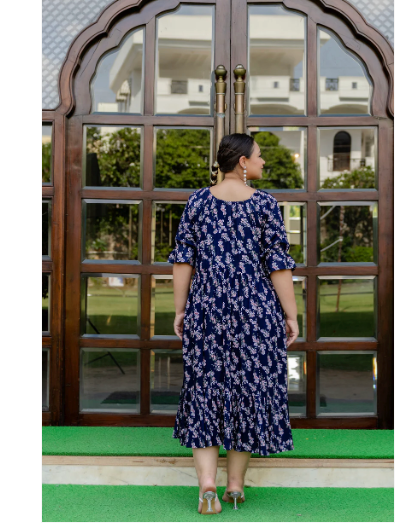 Plus size Navy Blue Cotton Printed Kurti Gown