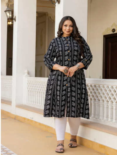 Plus size Black White Cotton Printed Kurti 