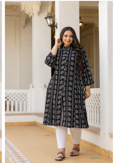 Plus size Black White Cotton Printed Kurti 