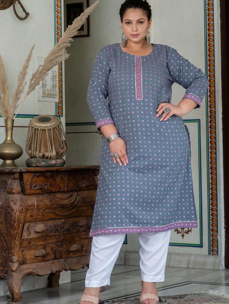 Plus Size Grey Pure Cotton Straight Kurti