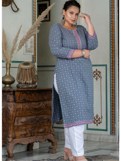 Plus Size Grey Pure Cotton Straight Kurti