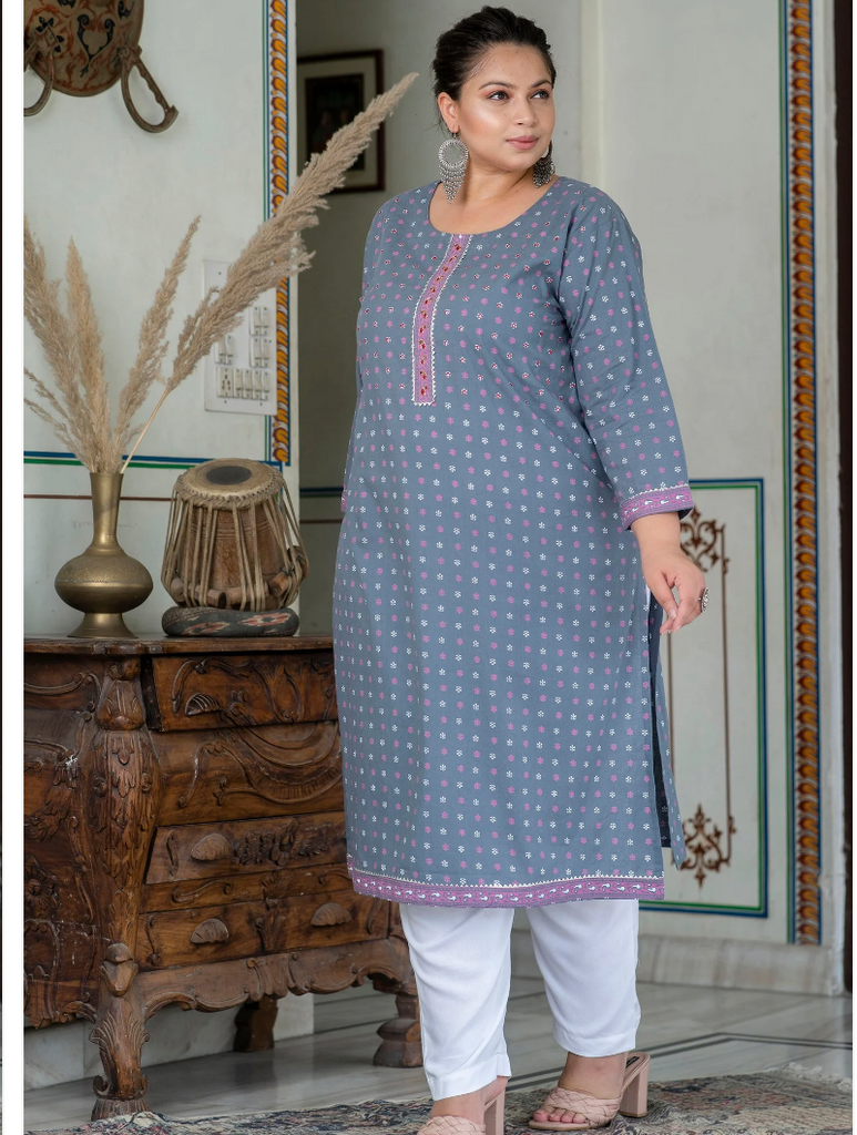 Plus Size Grey Pure Cotton Straight Kurti