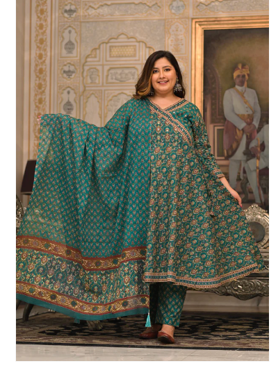 Plus Size Cotton Green Anarkali Suit Set