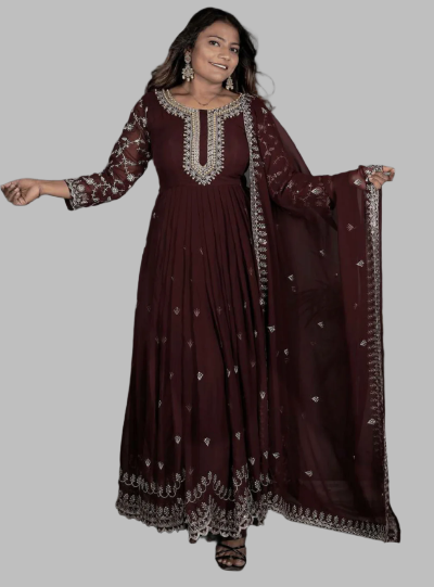 Maroon Georgette Heavy Embroidery Gown Set of 3 