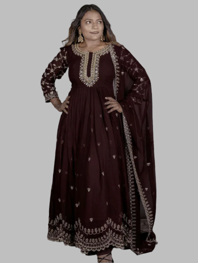 Maroon Georgette Heavy Embroidery Gown Set of 3 2