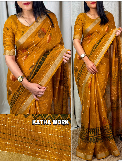 Cotton Soft katha Threadwork Saree