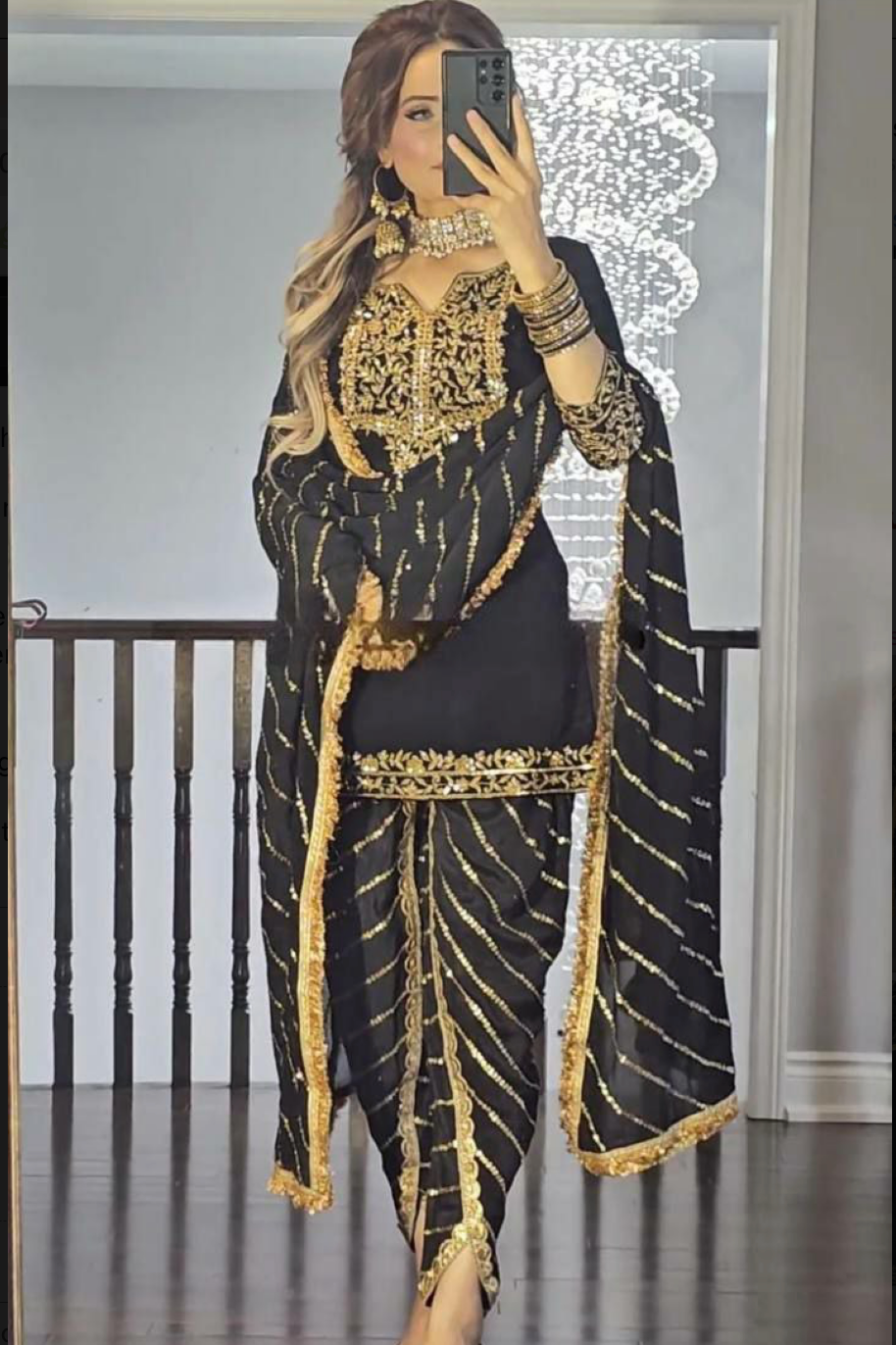 Black Gold Sequin Georgette Punjabi Patiala Suit Set