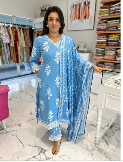 Sky Blue Cotton Straight Salwar Suit with Dupatta