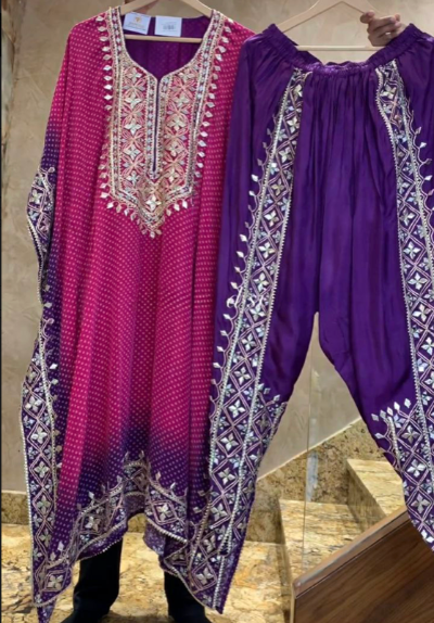 Pink Purple Festive Kaftaan Dhoti Pant Set Of 2