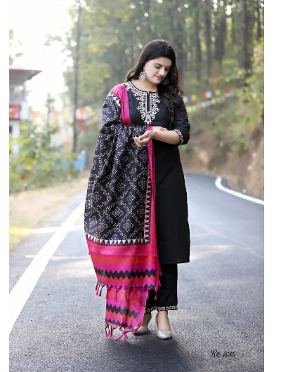 Black Khadi Cotton Hand Embroidered Salwar Suit Set