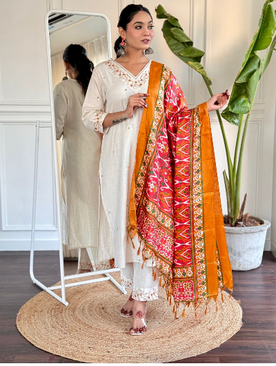 White Orange Ikat Dupatta Salwar Suit Set