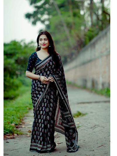 Black Ajrakh Cotton Saree