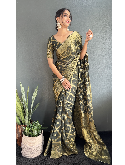 1 Min Green Georgette Bandhani Print Stitched Readymade Saree