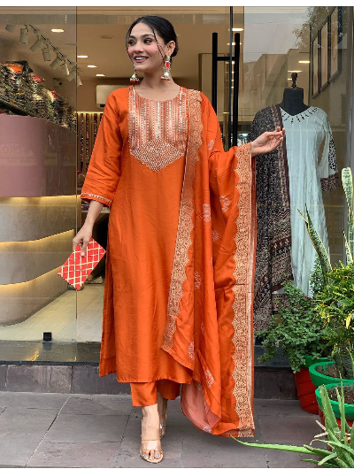 Rust Orange Partywear Salwar Suit Dupatta Set