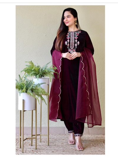 Velvet Burgandy Partywear Salwar Suit Dupatta Set