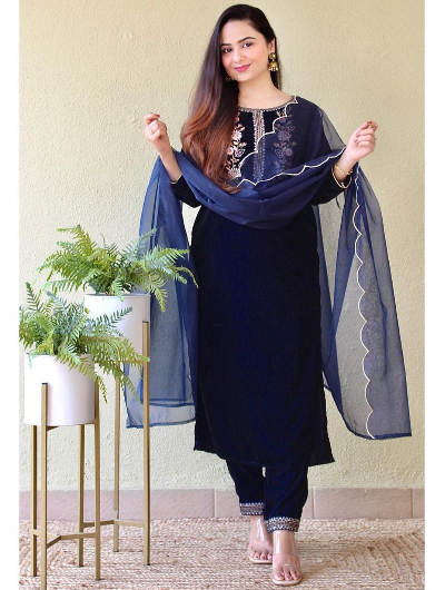 Velvet Blue Partywear Salwar Suit Dupatta Set