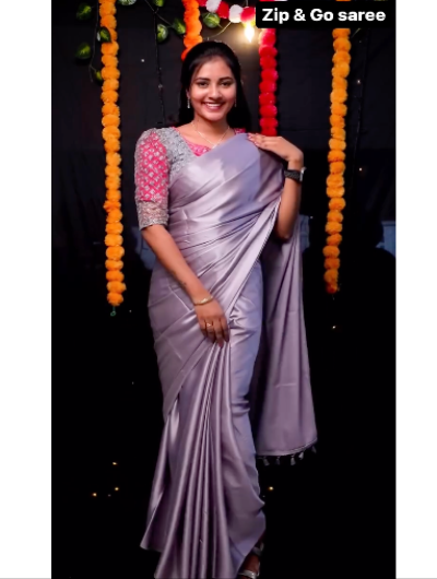 Lilac 10 Second Saree Satin Ethnic Gown Stitched Blouse