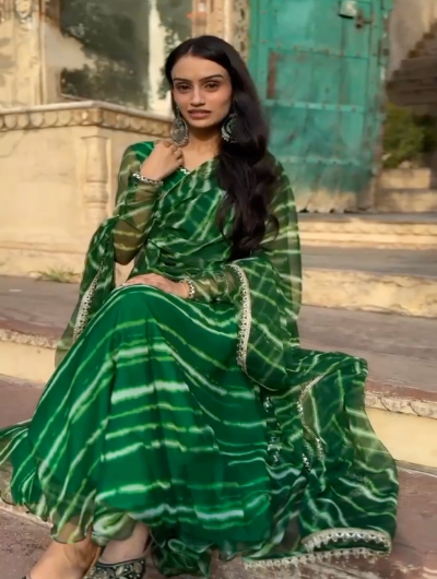 Green Georgette Flowy Printed Anarkali Suit Set