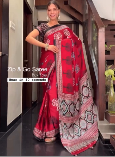 Red 10 Second Printed Silk Trending Readymade Saree Gown