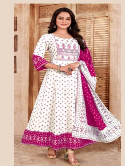 Full Length Anarkali White Pink with Dupatta Set of 2