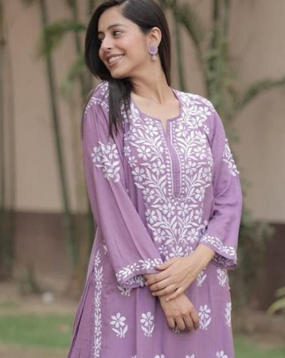 Lilac Cotton Chikankari Kurti Plazo Set 