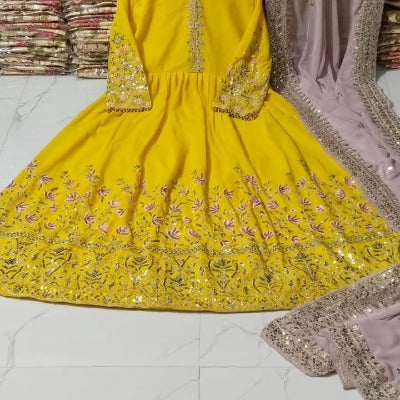 Yellow Embroidered Anarkali Flared Gown with Dupatta
