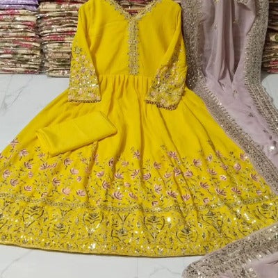 Yellow Embroidered Anarkali Flared Gown with Dupatta