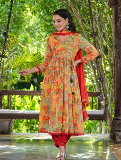 Organge Alia Style Muslin Anarkali Flared Salwar Suit Dupatta