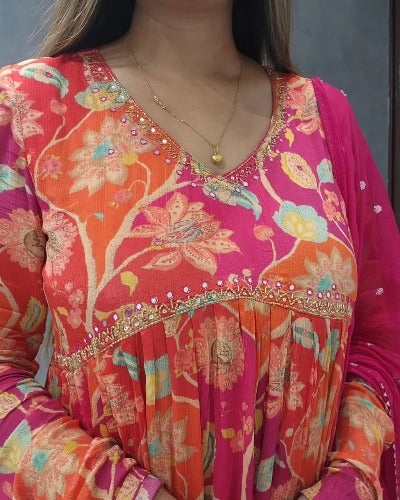 Pink Organge Alia Style Muslin Anarkali Flared Salwar Suit Dupatta