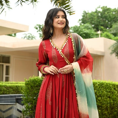 Red Gottwork Anarkali Flared Salwar Suit Dupatta