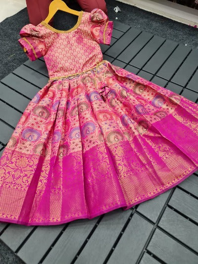 Pink Kids Girl Kanjivaram Silk Dress Traditional Ethnicwear