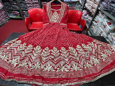 Red Bandhej Zari Mirror Embroidery Kurti Maxi Dress