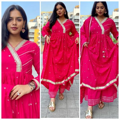 Hot Pink Festival Zari Readymade Salwar Suit
