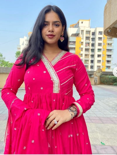Hot Pink Festival Zari Readymade Salwar Suit